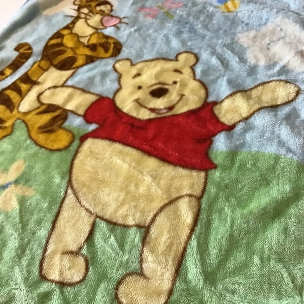 VTG Disney Winnie Pooh Tigger Baby Blanket Fleece Y2K Blue Green Honey Nursery